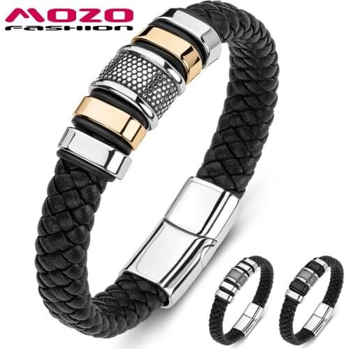 Men Bracelets Braided Rock Hip Hop Stainless Steel Trendy Punk Genuine Leather Bangle Women Jewelry
