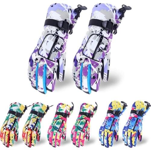 Men Women Winter Warm Waterproof Snow Ski Gloves Colorful Graffiti Printed Thermal Plush Lined Non-Slip Outdoor Cycling Snowboar