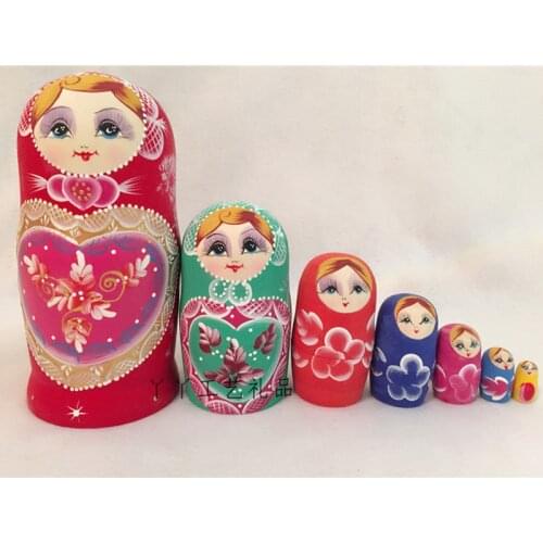 Wooden Toys 7pcs Matryoshka Doll Set Russian Nesting Babushka Matryoshka Hand Paint Heart Shape Crafts Wood Toy Red Blue