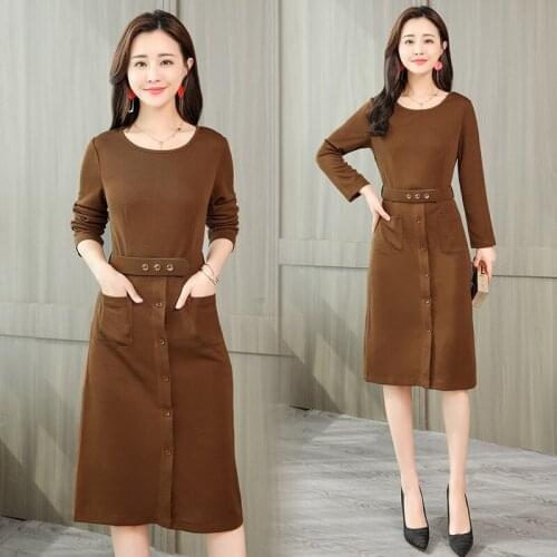 Fall Spring Office Lady Woman Slim Full Sleeve Sash Pocket Black Wine Red Dress , 2018 Autumn Female Women Slim Elegant Dresses