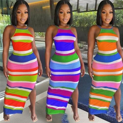 VAZN 2021 Striped Print Sleeveles Age reduction A-line Sexy V-neck Night Party Sexy Club Maxi Dress Causal Soft Women Dress