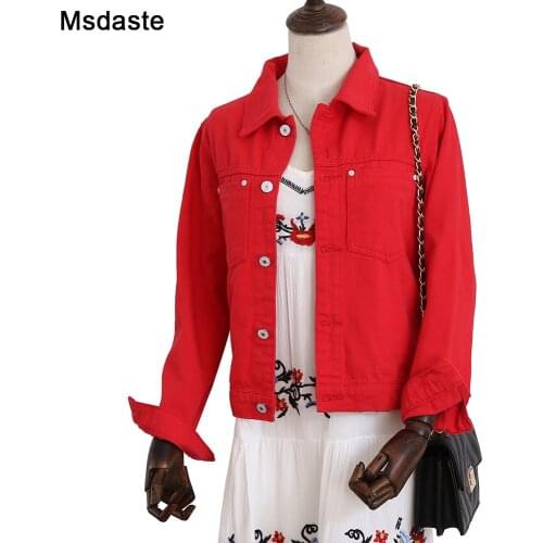 Women Denim Jacket 2020 Women Long Basical Jeans Jackets Coat Red Black Blue Yellow Full Sleeve Single Breast Slim Lady Coats