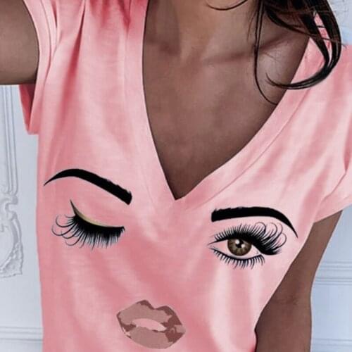 2021 Summer Simple Woman T-Shirt European And American Cartoon Print Tops for Ladies V-Neck Wild Loose T-Shirt Female