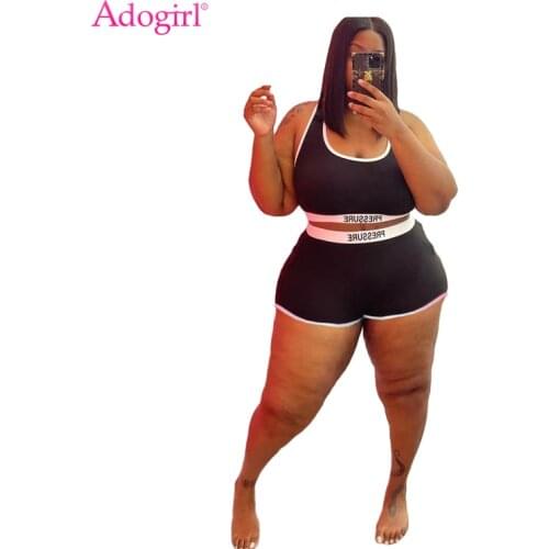 Adogirl XL-5XL Letters Print Patchwork Plus Size Women Tracksuit Sleeveless Crop Top Vest Shorts Casual Active Two Piece Set