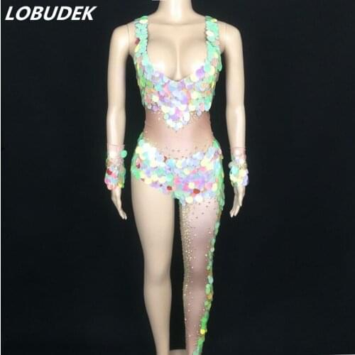 Nightclub Bar Women Singer Dancer Dance Costume Colorful Scale Sequins Crystal Single Leg Jumpsuit Stage Performance Leotard