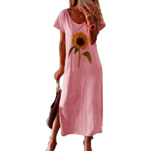 2020 Fashion Women Sunflower Round Neck Short Sleeve Side Split Loose Long Dress Forefair Sexy Maxi Summer Satin Dress