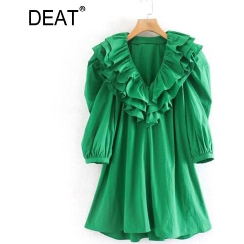 [DEAT] 2021 Spring New Fashion Tide Women V-neck High Waist Ruffles Three Quarter Solid Color Simple Style Dress 13W139