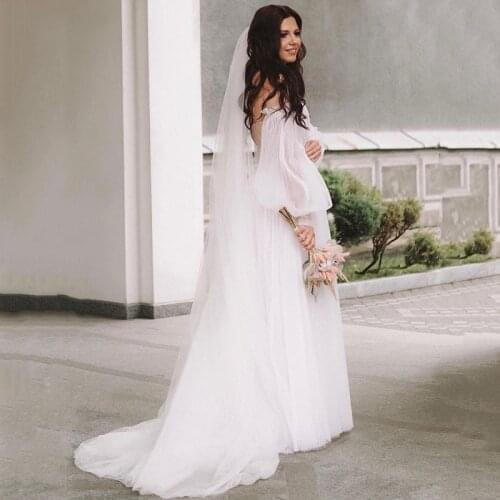 Eightree Vintage Puff Sleeve Wedding Dresses 2021 Boho Bride Dress Women A line Lace Wedding Gowns Tulle Mariage