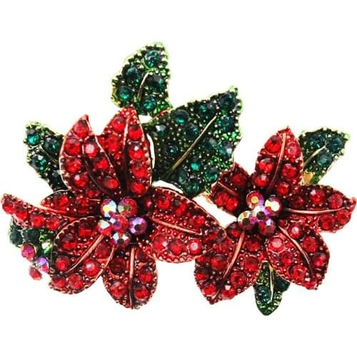 10 pcs/lot New Luxurious Red Rhinestone Crystal Gold Tone Rose Flower Leaf Brooch Pins