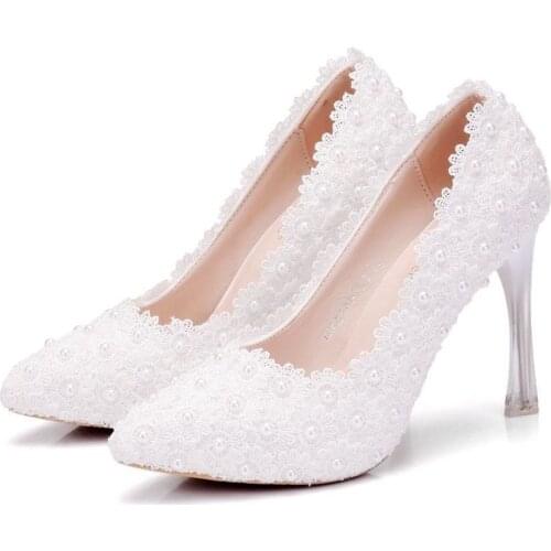 2019 Fashion Women Pumps Shoes Dress pearl Lace Pointed Toe Thin Heels 10.5cm High Heels Womens Wedding Shoes