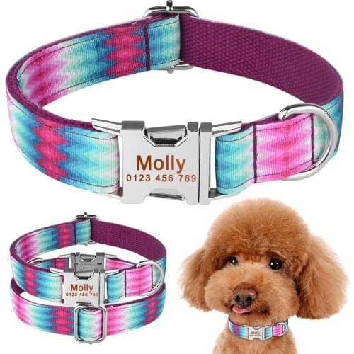 AiruiDog Personalized Dog Collar Floral Custom Engraved Name Metal Buckle Pet Puppy Tag