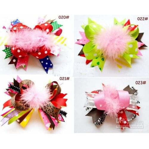 Free shipping girls hair bow with feather grosgrain baby hair clips hair bows satin baby hairbows sara-30