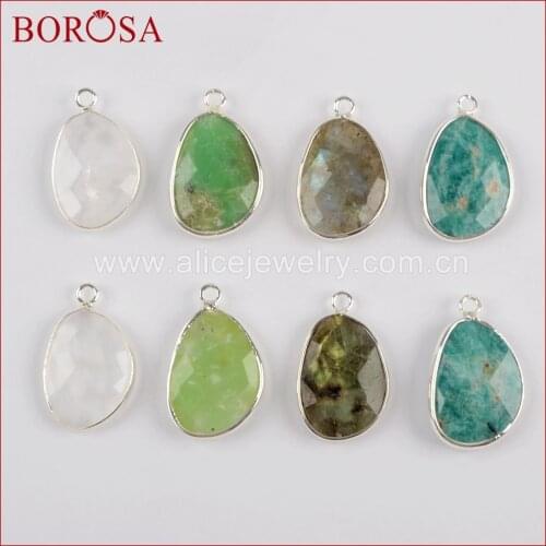 BOROSA 10pcs Mango Shape White Crystal Labradorite Silver Color Natural Stone Faceted Charms for Earring Making S1558