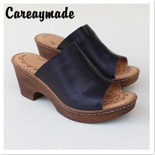 Careaymade-Head Layer Cowhide Hand-made-sewn thick high heel fishmouth sandals summer Comfortable Increase slippers,3 colors