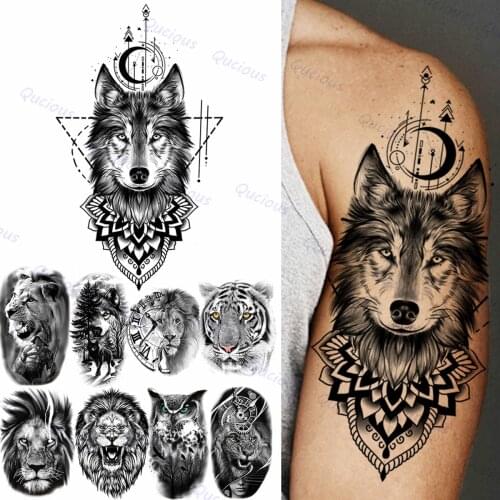 Geometric Moon Wolf Temporary Tattoos For Men Women Fake Lion Samurai Compass Tattoo Sticker Realistic Arm Washable Tatoos Long