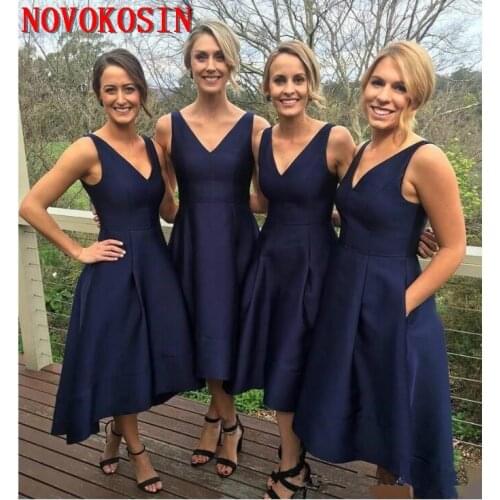 Fashion Navy Blue 2019 Bridesmaid Dresses Satin High Low V-Neck Simple Maid Of Honor Party Gowns Formal Prom Dress With Pocket