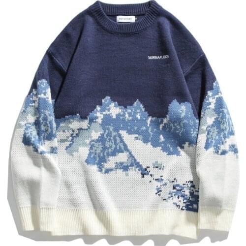 2021 Harajuku Snow Mountain Knitted Sweater Gradient Women Pullovers Men Hip Hop Streetwear Retro Knit Jumper Sweater Male