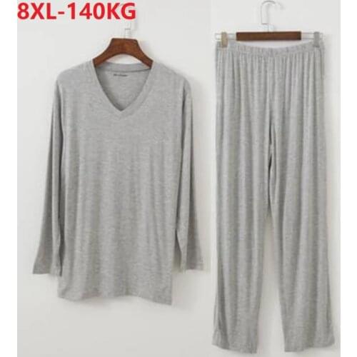 Men Pajamas Sets V-Neck Modal Long Sleeve Tops & Pants Home wear plus Size 7XL 8XL 140KG Breathable Soft Sleepwear Sets thin 64