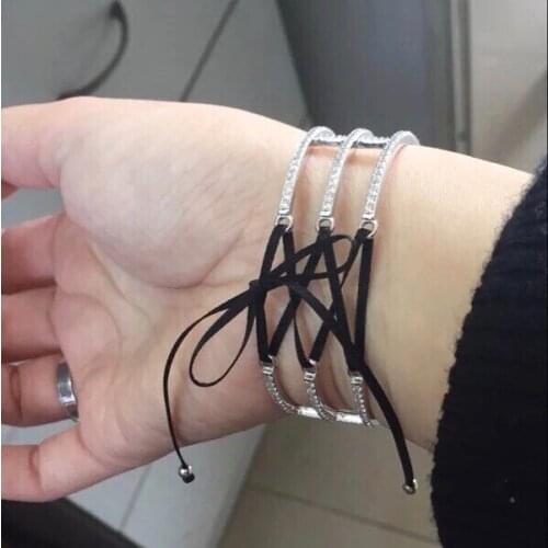 Hot Brand Jewelry For Women cz zircon wide bangle with bandage ribbon braid knot HF bracelet tie-up jewelry party birthday gift