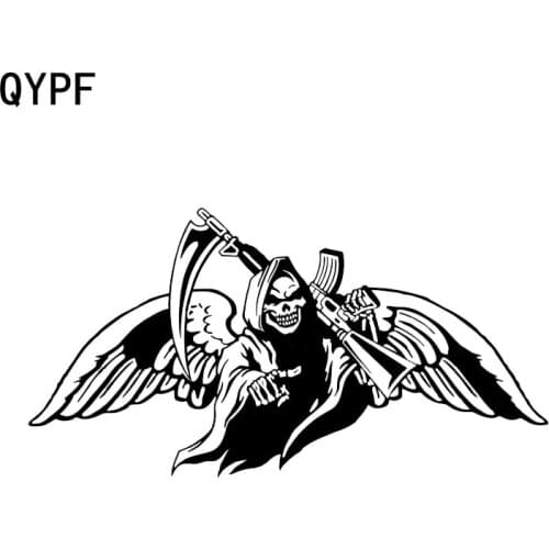 QYPF 19*9.9CM Coolest Car Sticker Vinyl Black Silver Graphic Grim Reaper Wings Skull Monster Motorcycle Decoration C16-0057