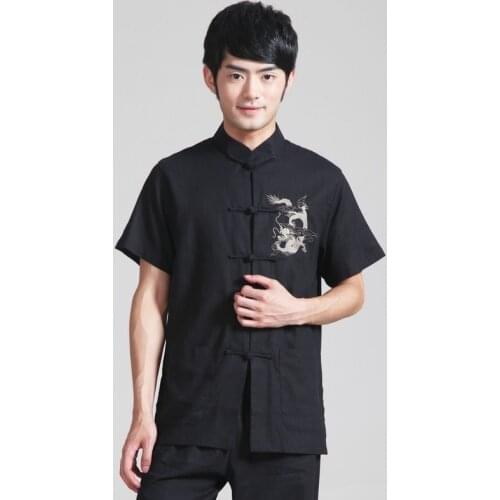 Mens Black Color Shirt Taiji Cotton Linen Tai Chi Kung Fu Clothing Bruce Lee Vintage Chinese Dragon Embroidered Shirt