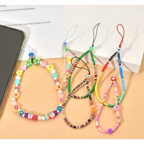 Eye Rope Chain Mobile Cell Phone Lanyard Chains Letter String Wristband Clay Heishi Disc Beads DIY Colorful Jewelry for Women
