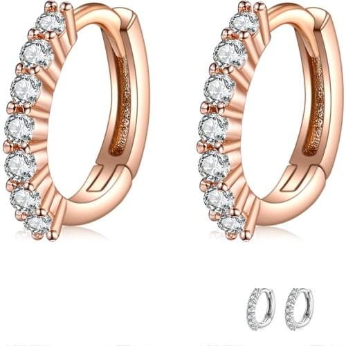ZEMIOR Genuine 925 Sterling Silver Rose gold Color Hoop Earrings Women Simple Shiny CZ Round Tiny Earring Silver Jewelry Gift