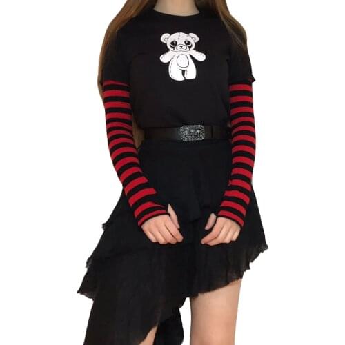 Women Casual Patchwork T-shirt, Adults Cartoon & Stripe Print Long Sleeve Round Neck Pullover