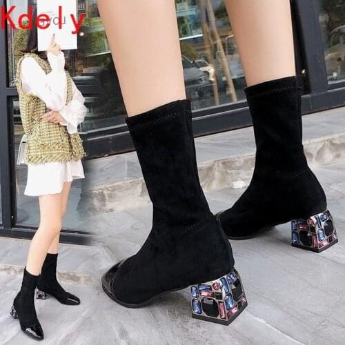 2020 Autumn and Winter New Square Suede Chunky Heel Semi-High Heeled Womens Thin Boots Slim Fashion Short Boots