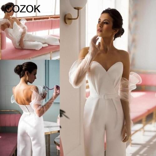 Beach Off Shoulder Wedding Dresses Jumpsuit with Gloves 2021 Sweetheart Backless Bohemian Holiday Bridal Gown Vestido De Novia