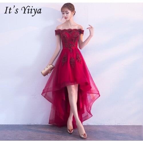 Its YiiYa New Wine Red Boat Neck Cocktail Dress Embroidery Tea-Length Formal Dress Party Gown H063