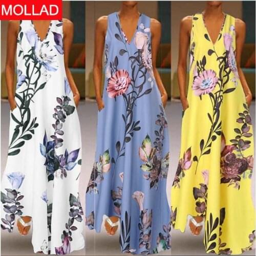 AliExpress Hot Sale 2021 Hot Summer Deep V-neck Sleeveless Printed A- Line Pocket Dress