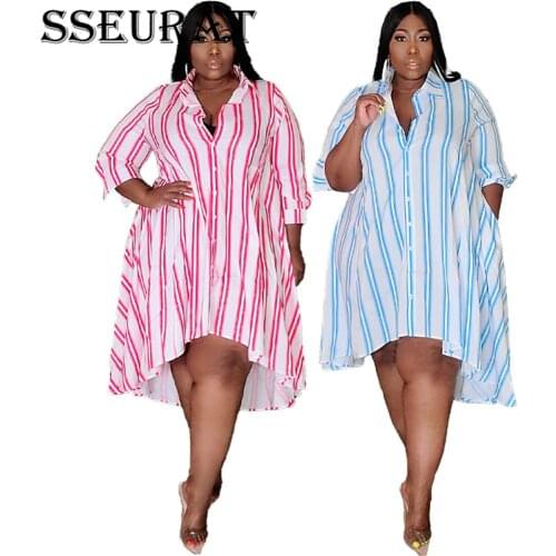 SSEURAT Women Plus Size Dress Striped Full Sleeve Single Breasted Loose Straight Midi Dresses Fashion Vestidos Autumn
