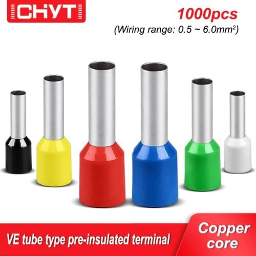 1000pcs/Pack E0508 E7508 E1008 E1508 E2508 E4009 E6012 Insulated Copper Cord End Wire Connector Electrical Tube Type Terminal