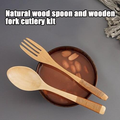 2PCS Wooden Spoon And Fork Dinner Kit Dinnerware Cutlery Rice Soups Utensil Cereal Handmade Home Kicthen Tableware