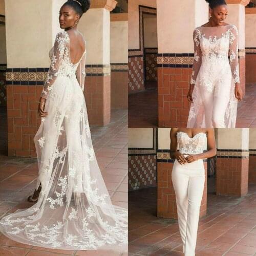 2020 Jumpsuits Wedding Dresses With Detachable Skirt Lace Appliqued Bridal Gowns Country Plus Size Wedding Dress Robe De Mariee