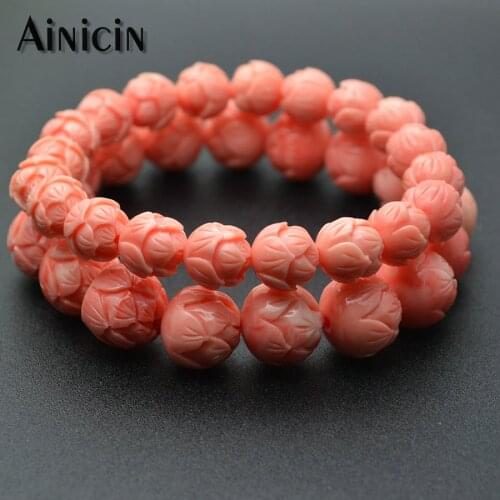 High Quality Pink Shell Powered Fashion Women Louts Flower Prayer Bracelets 10~12mm Stretch Beaded Jewelry Birthday Gift 5pcs
