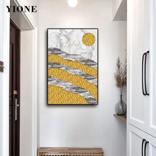 Abstract Grey Gold Mountain Sun Canvas Painting Modern Art Landscape Poster Wall Picture Print Home Decoration for Living Room