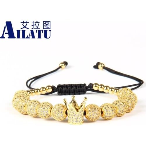 Ailatu Powerful Jewelry 8 mm Clear Cz Ball Round Beads Crown Kings Macrame Bracelet for Brave Men Pulseira Hombres