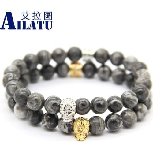 Ailatu High Grade Mens Jewelry Wholesale 8mm Grey Picture Stone Bead with Bronze Skull Bracelet