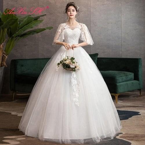 AXJFU princess flower lace white wedding dress party vintage beading crystal pearls batwing sleeve o neck bride wedding dress