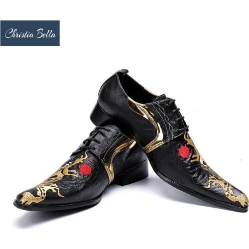 Christia Bella Brand High Heel Leather Shoes Men Luxury Dress Shoes Embroidery Business Oxfords Formal Shoes Plus Size 38-47