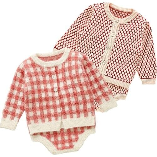 Baby Suit Soft Newborn Clothes 2021 Baby Girl Clothes Baby Knit Clothing Set Heart Bodysuit Pink Plaid Baby Sweaters 2 Pcs