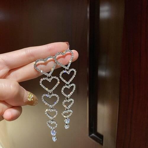 Long Tassel Crystal Dangle Earrings for Women New Shining Rhinestone Heart Pendant Earrings Weddings Party Jewelry Gifts