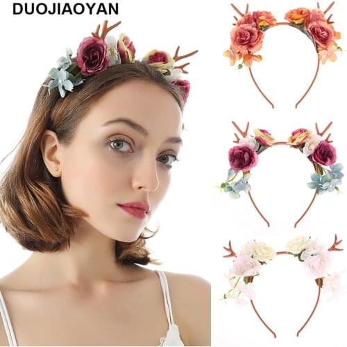 DUOJIAOYAN Christmas Deer hair band Women Artificial Fabric Flower Hair accessories Fancy Festival Girls flower antlers Headband