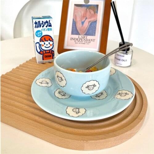 Cutelife INS Cute Sheep Round Blue Ceramic Plate Breakfast Dessert Sushi Cake Fruit Bowl Kitchen Decoration Wedding Dish Plate