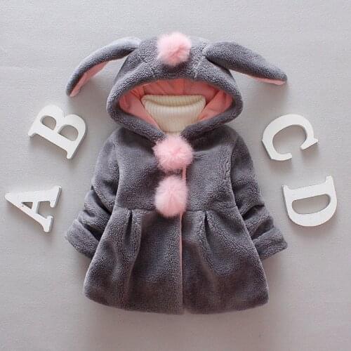 Baby Girls Jacket with Rabbit Ear Cap 6M-4Y Fleece Winter Spring Long Sleeve Button Hooded Coat Children Outerwear Gray Pink