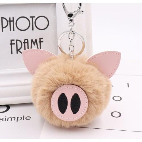 Cute Chaveiro pompom Keychain pig Key Chain Fluffy Fake Rabbit Fur Ball Women Car Bag pompon Key Ring Accessories