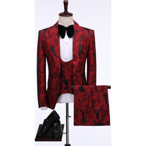 Costume Homme 2020 New 3 Piece Red Suit Men Terno Masculino Jacquard Men Suits Tuxedo Prom Party Suits Floral Wedding Groom Suit