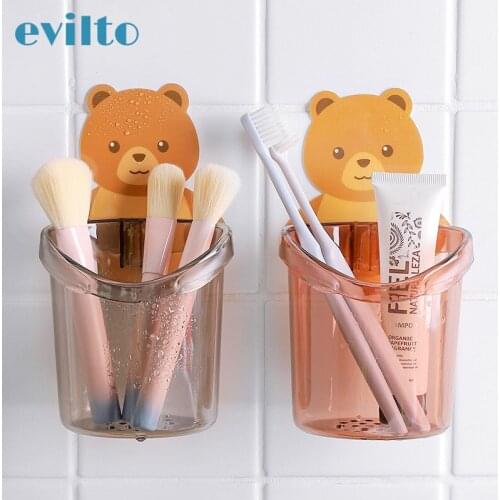 1pcs Bear Cup Holder Wall Mounted Toothbrush Holder Cartoon Toothpaste Wall Suction Rack Container Organizer Bathroom Accessorie